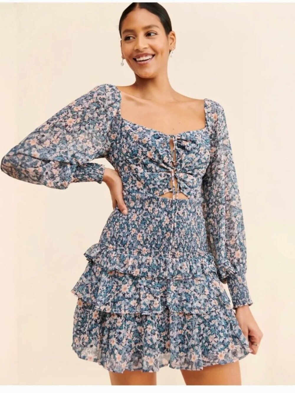 ASTR the Label Marietta Dress in Blue Peach Multi Floral Size Medium